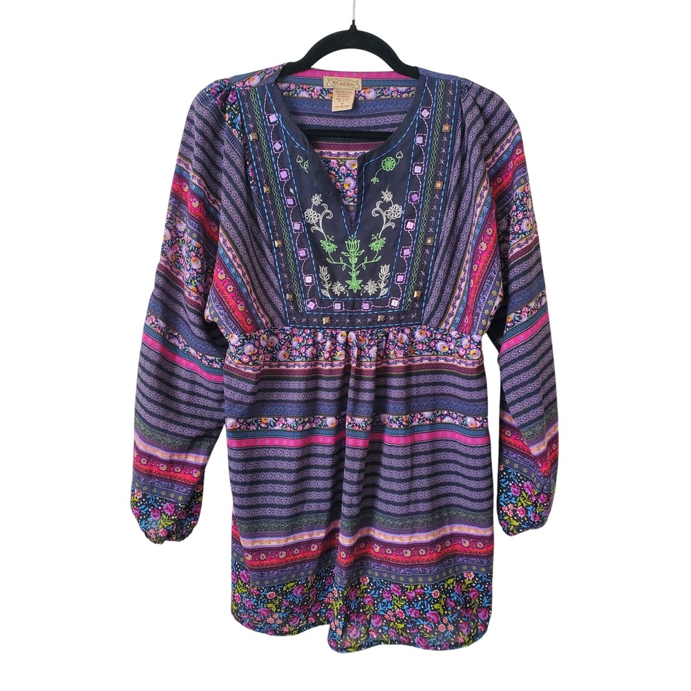 Art and Soul Womens Purple Floral Boho Embroidered Tunic Top Size M